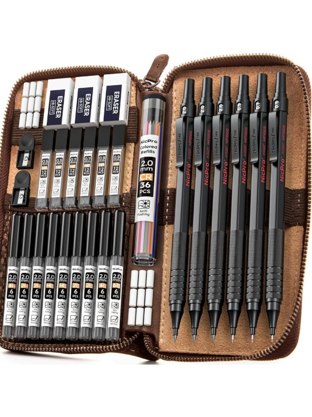 30PCS Black Metal Mechanical Pencil Set with Leather Case - Perfect for Artists